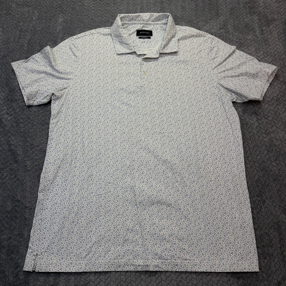 Bugatchi Polo Shirt Mens XL Regular Fit Blue Floral 8-Way Stretch Cotton XL